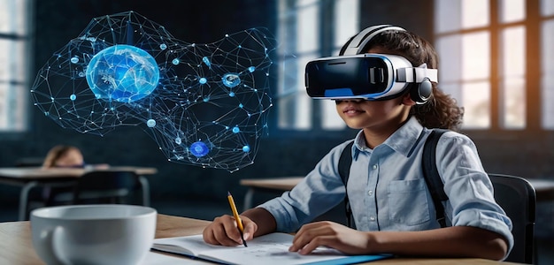 Photo curious student immersed in vr exploring machine learning ai amidst smart classroom tech