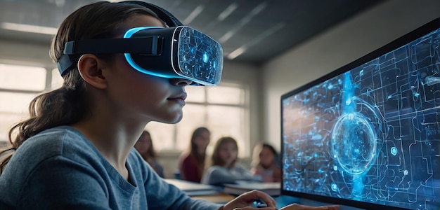 Photo curious student immersed in vr exploring machine learning ai amidst smart classroom tech