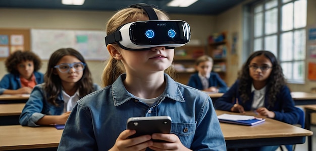 Photo curious student immersed in vr exploring machine learning ai amidst smart classroom tech