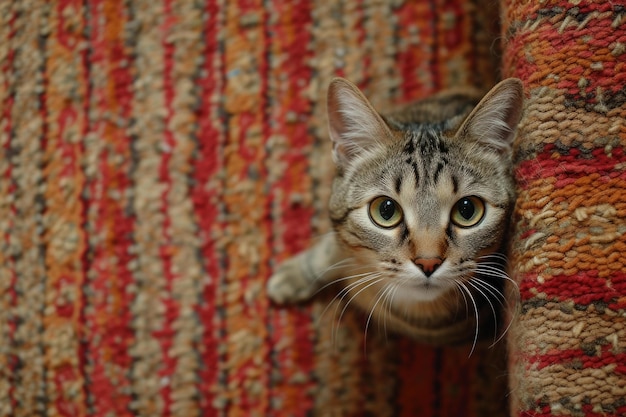 Curious tabby cat peeking from behind a woven rug