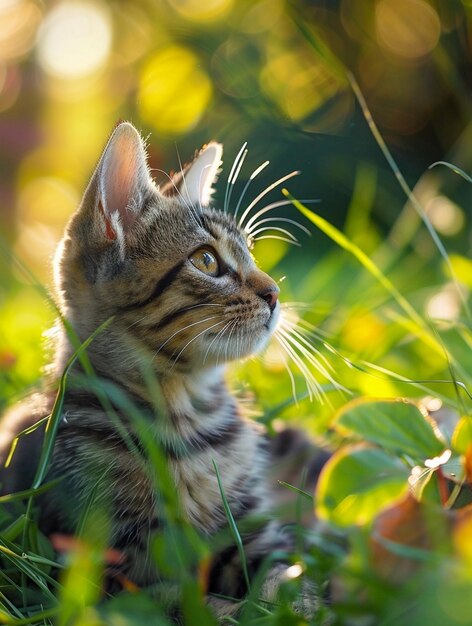 Curious Tabby Cat in Sunlit Grass Nature Pets and Playful Moments