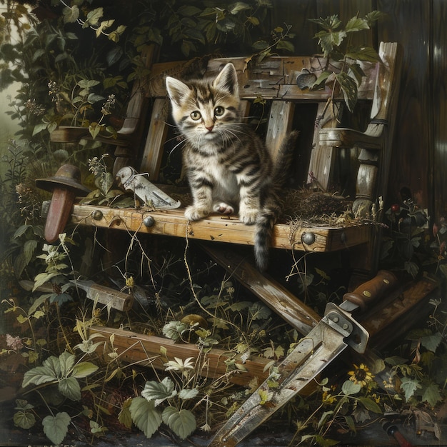 Photo a curious tabby kitten sits on a wooden bench surrounded by tools and foliage