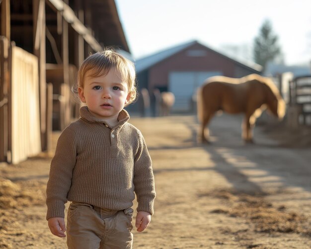 Photo curious toddler explores a rustic farm barn with a horse in the background adorable child