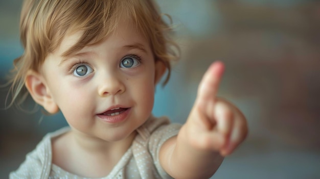 Curious toddler pointing excitedly at something interesting eyes sparkling with curiosity