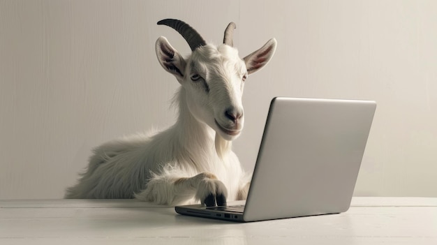 Curious white goat looking at open silver laptop on white table against plain background