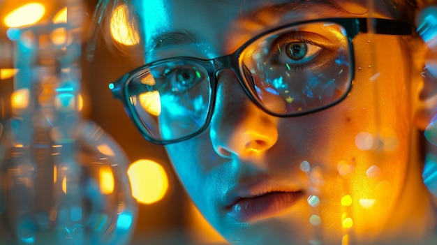 Curious woman with glasses observing object in front