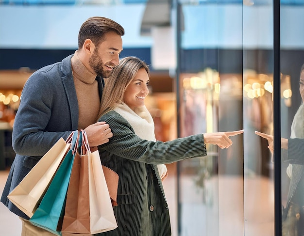 Photo curious young indian man and woman pointing and looking at shop window side view copy space