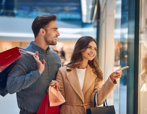 Curious young indian man and woman pointing and looking at shop window side view copy space