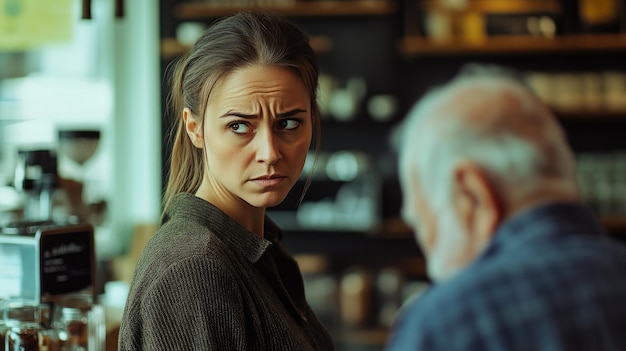 Photo curious young waitress and sophisticated elderly gentleman in fine dining