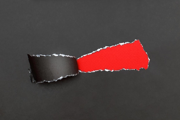 Curl of torn black paper on red background advertising and sale concept copy space