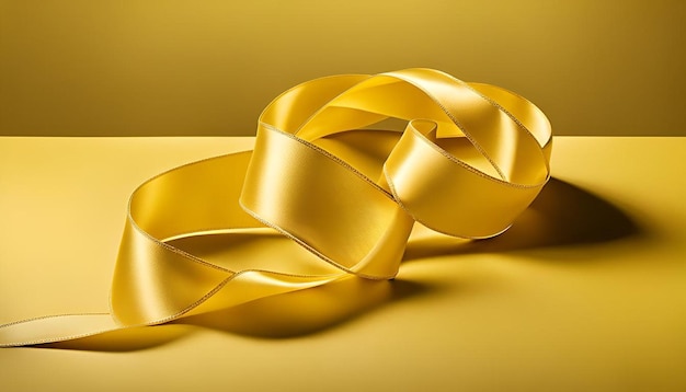 Curled satin ribbon on yellow background