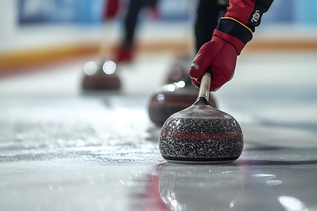 Photo curling stone being released by players hand