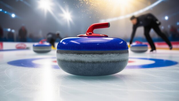 Photo curling stone on ice in a competition a curling stone with a red handle is positioned on the ice