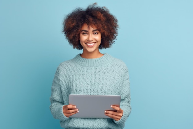 Curly African American Young Woman With Gadget In Her Hands Portrait Of Smiling Cheerful And Friendly Student On Copy Space Girl is Holding Tablet PC Generative AI