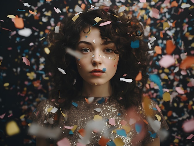 Curly girl looking intently at camera amidst sprinkling of confetti in the middle of a festive party