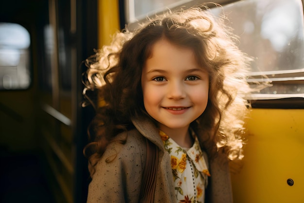 Curly girl with a backpack near the school bus Back to School Generative AI 1