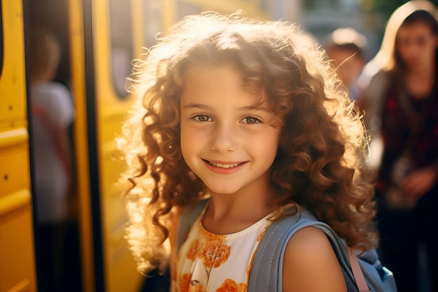 Curly girl with a backpack near the school bus Back to School Generative AI 3