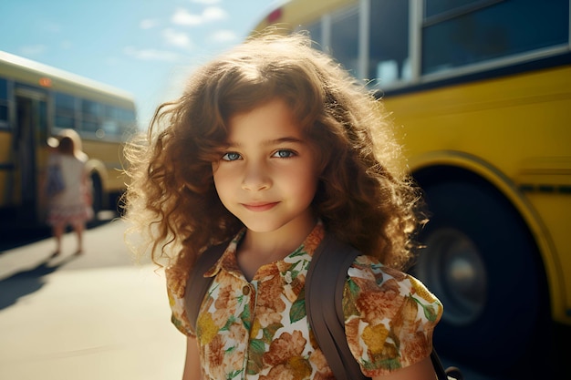 Curly girl with a backpack near the school bus Back to School Generative AI 5