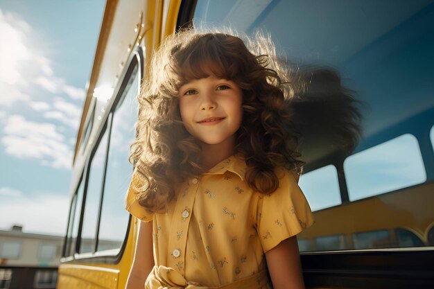 Curly girl with a backpack near the school bus Back to School Generative AI 6