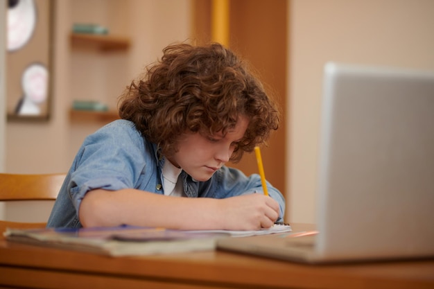 A curly-haired boy having an olnine class and looking involved