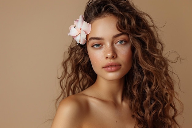 Photo curly haired woman with a flower in hair