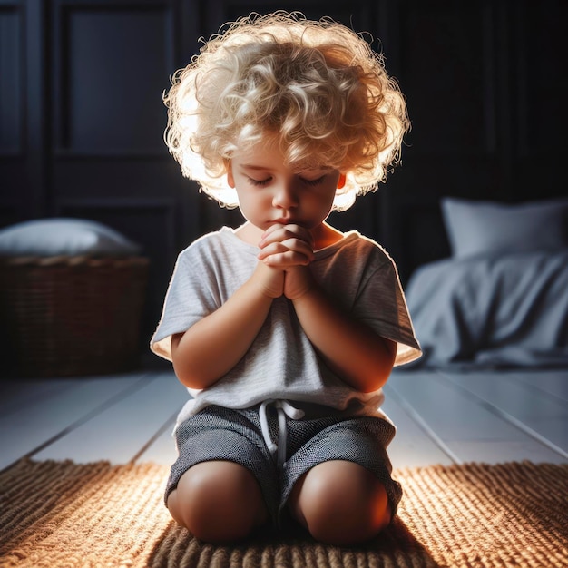 Curly little blonde boy on knees holding hands and praying in the morning ai generative