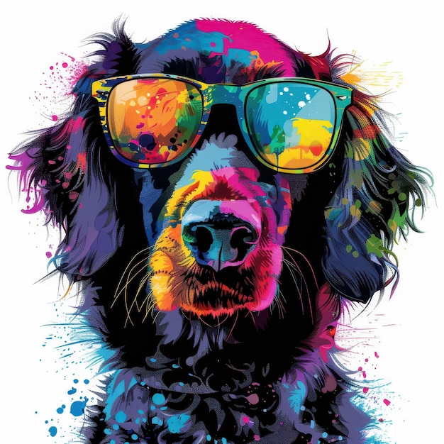 CurlyCoated Retriever dog wearing sunglasses in colorful pop art style