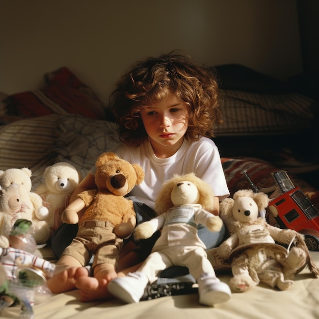 Curlyhaired 6yearold boy engrossed in doll play on his room's floor