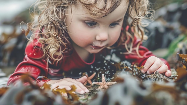 Photo curlyhaired blonde girl in red jacket examines a starfish on beach