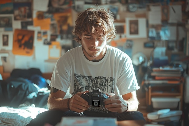 Photo curlyhaired man in bandana installs security camera while standing on bed in dorm room