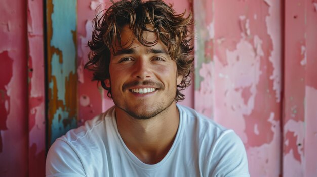 CurlyHaired Man in Front of Pink Wall