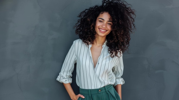 Photo the curlyhaired smiling woman