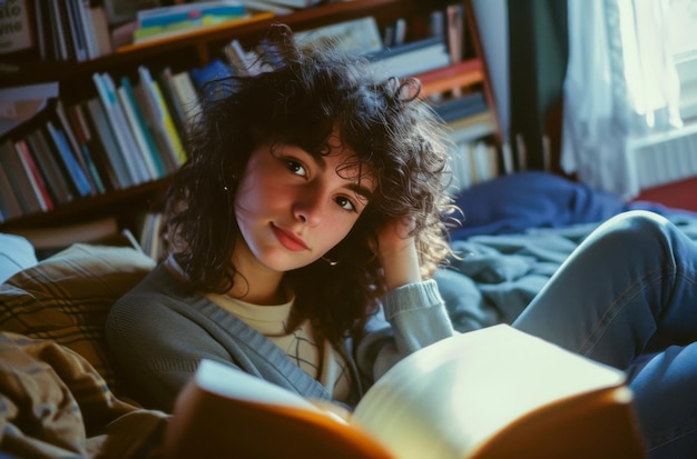 A curlyhaired woman in a cozy knitted sweater radiates a sense of ease and warmth in a softly lit kitchen setting