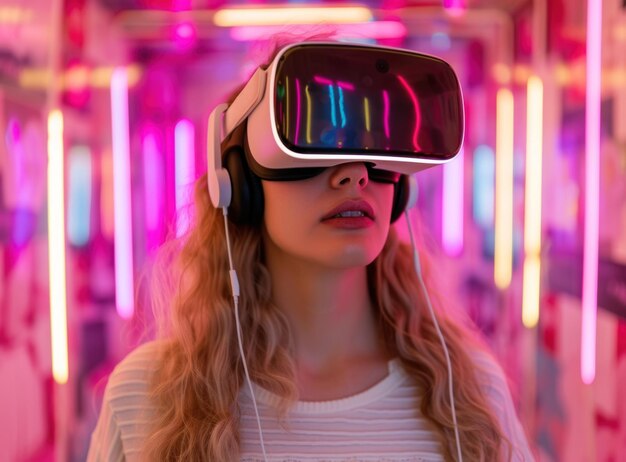 Photo curlyhaired young woman exploring a virtual world through a vr headset in a neonlit environment