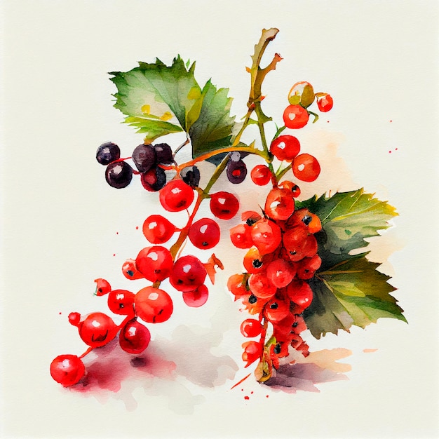 Currants. Watercolor on white paper background. All the fruits.