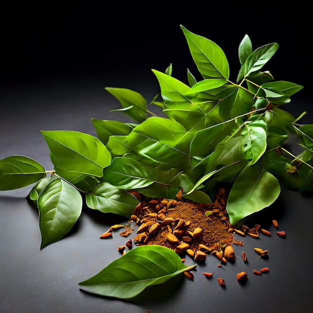 Photo curry leaves scattered with one leaf prominently featured