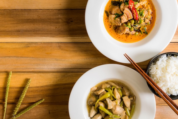  curry pork and fried mushrooms. 