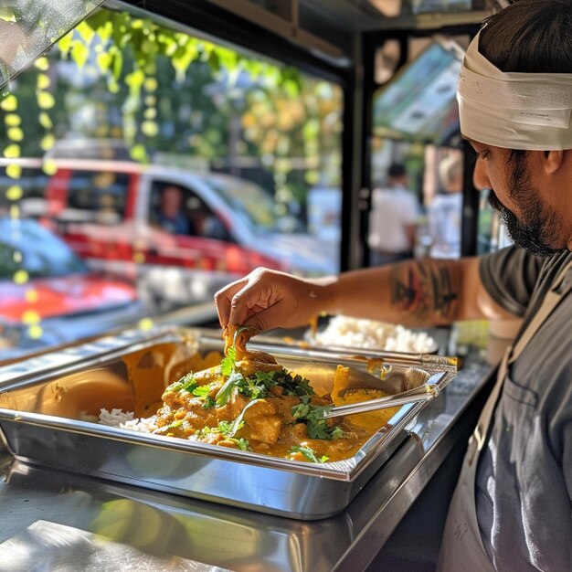 Photo a curry truck with sweet smelling flavors fragile meat and padded rice