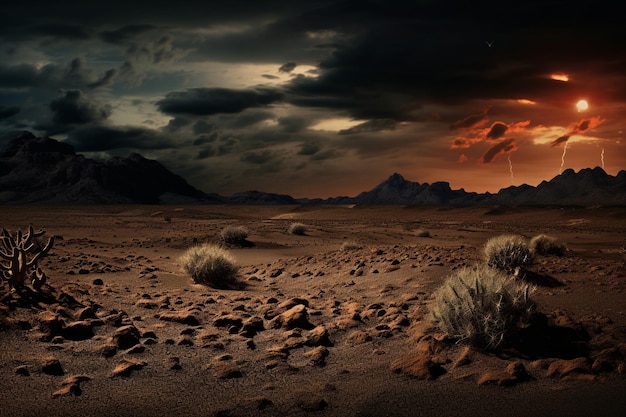 Photo a cursed desert with black sand and twisted gnarled cacti under dark skies