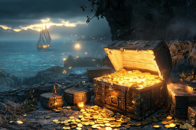 Photo cursed pirate treasure chest glowingmystery and adventure amidst ancient riches