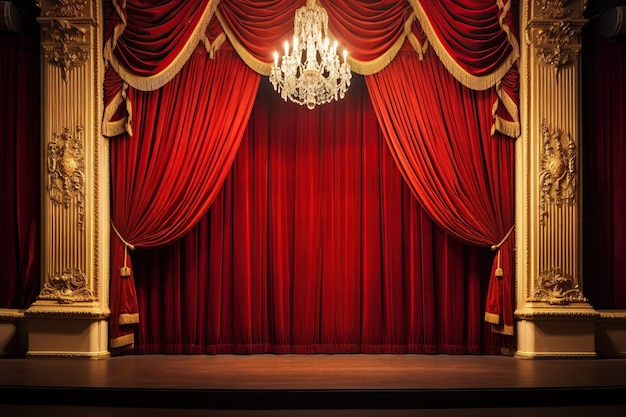 Curtain stage with opulent golden trimmings and rich velvet drapes a grand opera performance