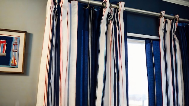 Photo a curtain with a red and blue curtain that has the word  on it