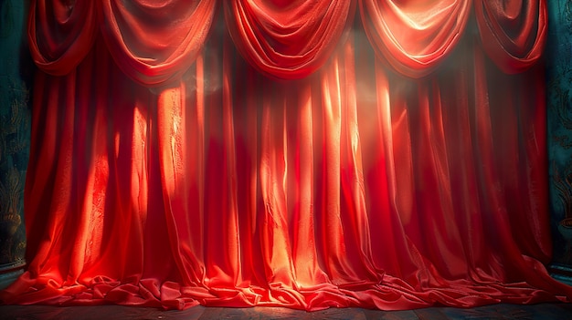 a curtain with a red curtain that says  the word  on it