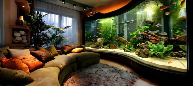 Curved aquarium with fish and plants in a living room