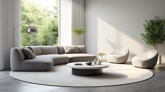 Curved gray sofa and armchair against of floor