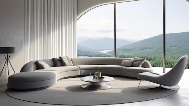 Curved gray sofa and armchair against of floor