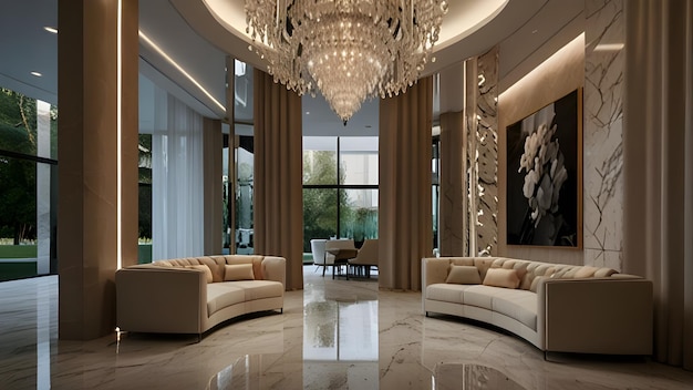 A curved hallway paved in patterned marble leads into a spacious living area