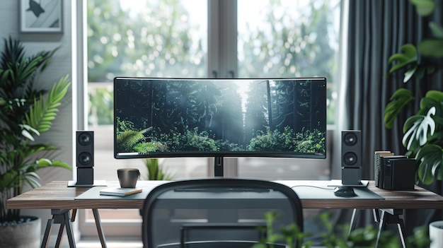 Photo curved monitor displaying forest scene on modern home office desk