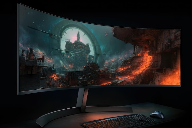 Curved Monitor With Vibrant And Colorful Gaming Scene On The Screen Generative AI