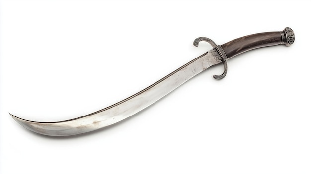 A curved ornate dagger with a dark wooden handle isolated on a white background